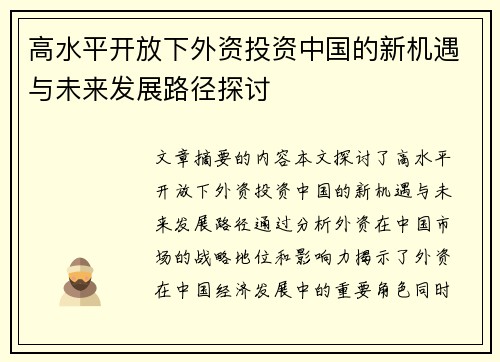高水平开放下外资投资中国的新机遇与未来发展路径探讨
