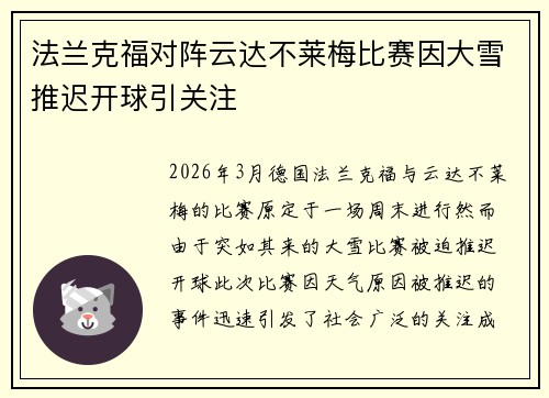法兰克福对阵云达不莱梅比赛因大雪推迟开球引关注